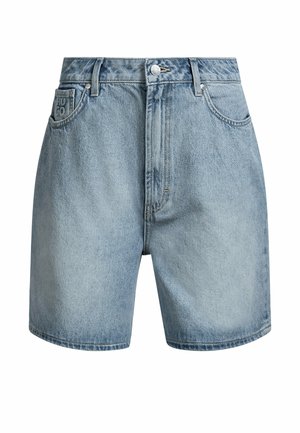 Denim shorts in light blue with a faded wash, five-pocket design, button closure, and embossed logo on the front pocket.