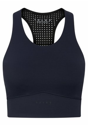 Granatowy biustonosz sportowy z dekoltem w łódkę, plecami w stylu racerback oraz fakturowaną siateczką z małymi białymi kropkami. Gładki materiał z minimalnym brandingiem.