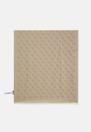 Beige scarf with a diamond pattern featuring a repeated logo. Frayed edges and a tag are visible on one side, with subtle texture throughout.