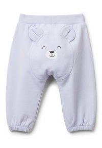 Pantaloni da bambino viola chiaro realizzati in tessuto morbido. Presentano un volto d'orso con orecchie sul retro, una cintura elastica e polsini arricciati.