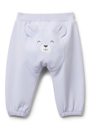 Lichtpaarse babypantalon van zachte stof. Kenmerken een berengezicht met oren aan de achterkant, een elastische tailleband en gather cuffs.