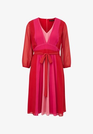Dress featuring a deep V-neck, sheer long sleeves, and a tie belt. Color-blocked design in shades of red and pink, with a smooth texture.