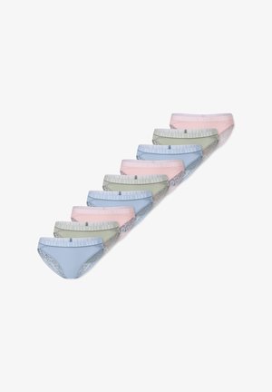 Ni par kvinders trusser i pastelfarver (pink, blå, grøn) med trykte elastiske taljebånd og blondekantdetalje. Blød stoftekstur.