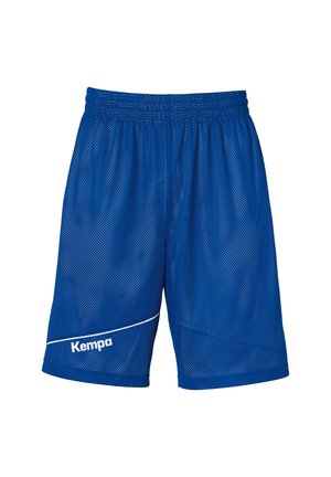 Blauwe mesh sportshorts met een ademende structuur, elastische tailleband en witte accentlijn. Beschikt over het "Kempa" logo op de voorkant.