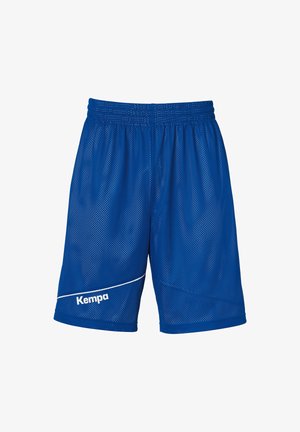 Blauwe mesh sportshorts met een ademende structuur, elastische tailleband en witte accentlijn. Beschikt over het "Kempa" logo op de voorkant.