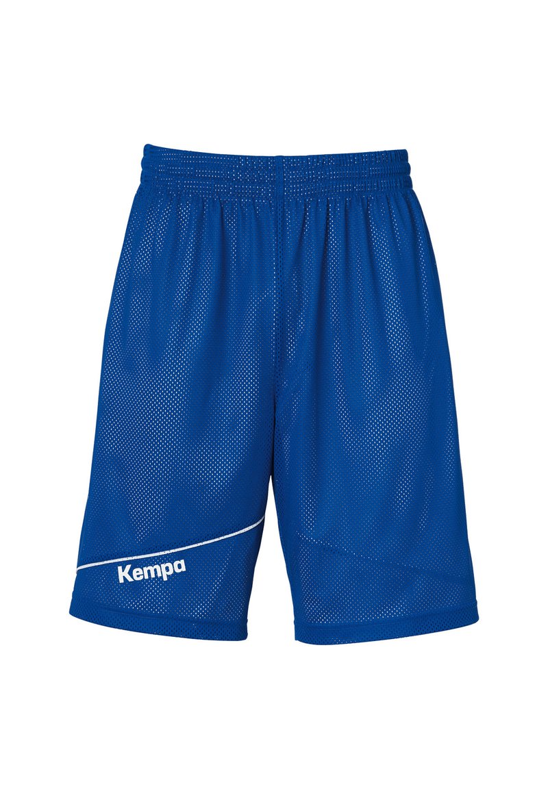 Blaue Mesh-Sportshorts mit atmungsaktivem Material, elastischem Bund und weißen Akzenten. Mit dem "Kempa"-Logo auf der Vorderseite.