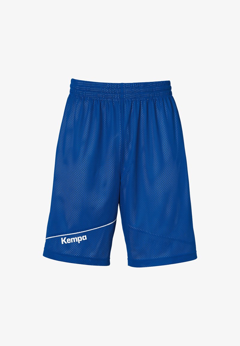Blaue Mesh-Sportshorts mit atmungsaktivem Material, elastischem Bund und weißen Akzenten. Mit dem "Kempa"-Logo auf der Vorderseite.