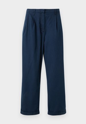 Námornícke modré nohavice s rovnými nohavicami vyrobené z jemného materiálu, s záhybmi vpredu a zrolovanými spodnými okrajmi pre čistý vzhľad.