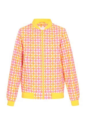 Podložena bomber jakna z rumenim rebrastim ovratnikom, ki ima večbarvni karo vzorec v roza, oranžni in rjavi barvi. Zapiranje spredaj na zadrgo.