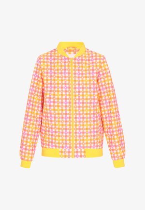 Podložena bomber jakna z rumenim rebrastim ovratnikom, ki ima večbarvni karo vzorec v roza, oranžni in rjavi barvi. Zapiranje spredaj na zadrgo.
