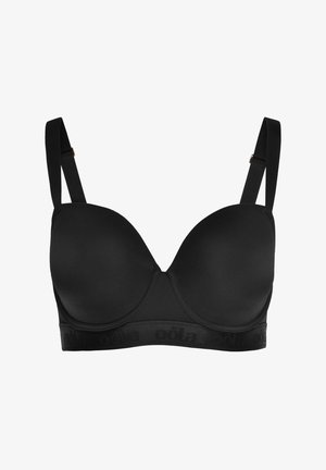 Zwarte gewatteerde bh met verstelbare bandjes, een gladde textuur en een logoband. Bevat ondersteuning met beugels en een naadloos ontwerp.
