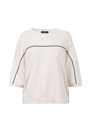 White loose-fit sweater with elbow-length sleeves and thin black piping outlining shoulders and sleeves.