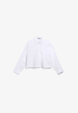 Chemise blanche cropped à col classique, à manches longues et détails de couture subtils, fabriquée dans un tissu en mélange de coton lisse.