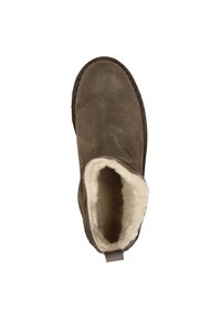 Braune Wildleder-Ankle-Boots mit weichem Fellfutter, runder Zehenform und einer Schlaufe an der Rückseite für ein einfaches Anziehen. Mit gestickten Details entlang der Sohle.