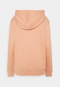 Meruňková mikina s kapucí, bavlněná směs, jemná textura, klokaní kapsa, žebrované manžety a lem, minimalistický design, pohled zezadu.