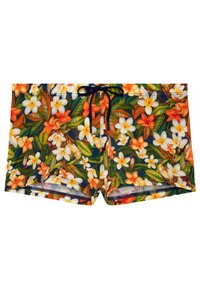 Herresvømmebukser med tropisk blomsterprint i orange, hvid og grøn, med sort snøre i taljen.