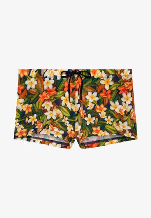 Herren-Badeshorts mit einem tropischen Blumenmuster in Orange, Weiß und Grün, ausgestattet mit einem schwarzen Kordelzug an der Taille.