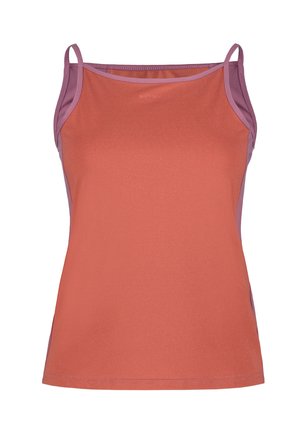 Top para mujer sin mangas con tirantes finos, panel frontal color coral y paneles laterales y ribetes color malva.