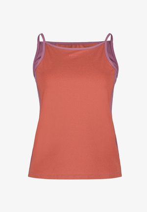 Mouwloos dameshemd met dunne bandjes, een koraalrode voorkant en mauve zijpanelen en rand.