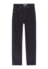 Pantalon en velours côtelé noir avec une coupe droite, comportant cinq poches, des éléments en métal et une surface texturée.