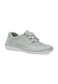 Hellgrüner perforierter Lederschuh mit weißer Gummisohle, Schnürdesign, dekorativer Naht und abgerundetem Zehenbereich.