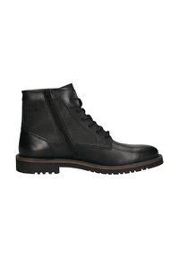 Schwarze Knöchelstiefel aus einer Kombination von glattem Leder und strukturiertem Stoff, mit einer Schnürung vorne und einem seitlichen Reißverschluss, sowie einer robusten Sohle.