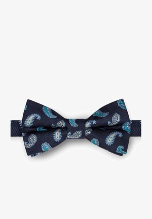 Granatowy muszka w wzór paisley w odcieniach turkusu i kremu, wykonana z teksturowanej tkaniny, w klasycznym kształcie z regulowanym paskiem.