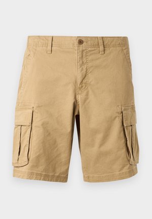 Beige cargo shorts made of lightweight cotton, featuring two large side pockets, a button closure, and belt loops. Smooth texture.