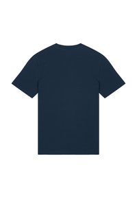 T-shirt en coton bleu marine à manches courtes, col rond et au design uni. Texture lisse sans motifs ni accents visibles.