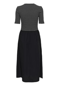 Črna obleka do kolen z oprijetim zgornjim delom v črno-belem črtastem vzorcu, kratkimi rokavi in tekočo, nabrano krilom. Gladek tekstura.