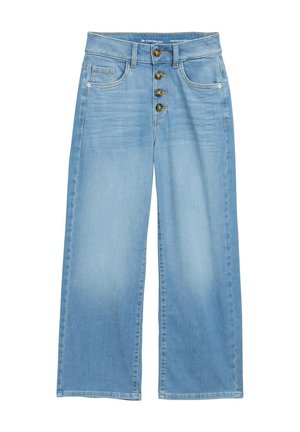 Světle modré široké džíny vyrobené z denimu, s vysokým pasem, pěticípým zapínáním na knoflíky vpředu a dvěma předními kapsami. Hladký povrch po celé délce.