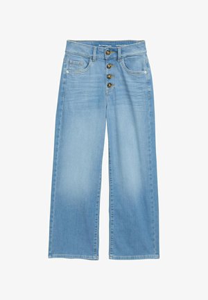 Heledad sinine laiad teksapüksid, mis on valmistatud denimist, kõrgema vöökohtadega, viie nupuga ees ja kahe esikotiga. Ühtlane tekstuur kogu ulatuses.