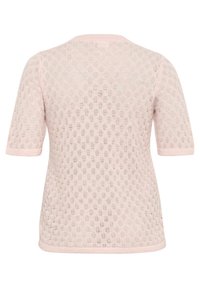 Light pink knitted top with short sleeves, featuring a textured diamond pattern and a rounded neckline. The design is slightly fitted.