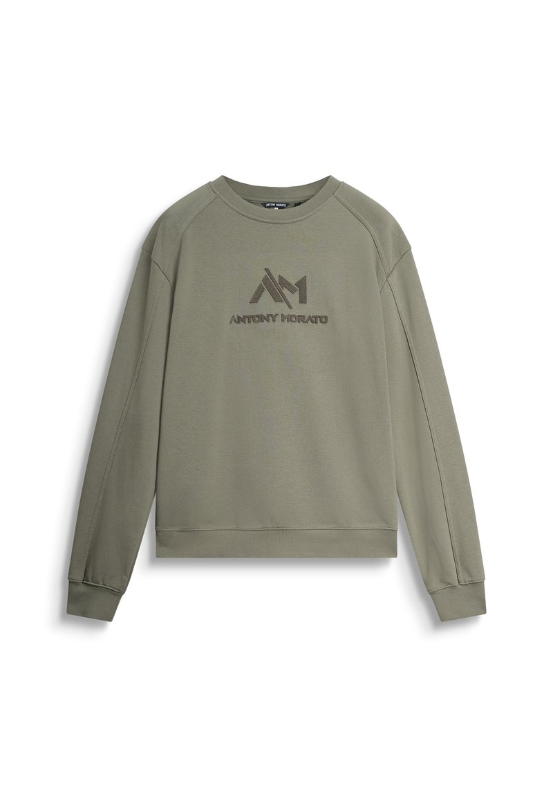 Sudadera verde oliva con mangas raglán, que presenta un logotipo texturizado "ANTONY MORATO" en un tono más oscuro en el centro frontal.