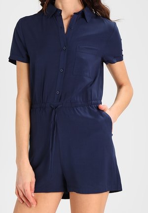 Marineblauer, kurzärmliger Jumpsuit mit durchgehender Knopfleiste, elastischem Bund und einer Brusttasche; glattes Material, lässiges Design.