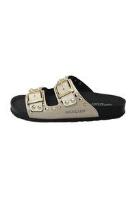 Sandali a due fibbie in pelle beige con borchie dorate e suola in gomma nera. Presentano cinturini regolabili per una vestibilità perfetta e il marchio GRÜNLAND.