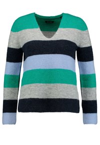 Maglione a righe multicolori con tonalità di verde, blu navy, grigio e azzurro chiaro. Realizzato in morbido maglione di tessuto testurizzato, con scollo a V e maniche lunghe.