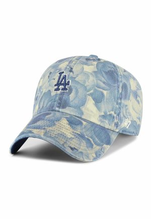 Blue and beige tie-dye baseball cap with dark blue "LA" logo embroidered on the front and a small white "47" logo on the side.