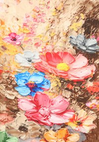 Żywy obraz olejny przedstawiający kwiaty w różnych kolorach: różowym, niebieskim, żółtym i szarym, z widocznymi fakturalnymi pociągnięciami pędzla i miękkim, neutralnym tłem.