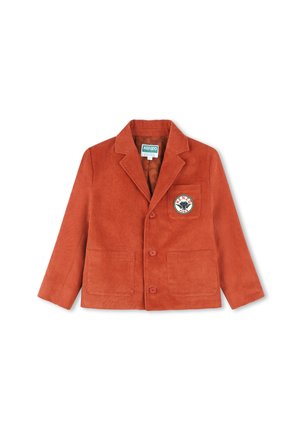 Rode corduroy blazer met een notch-kraag, twee voorkruiken en drie knopen. Bevat een ronde patch op de borst. Gladde textuur.