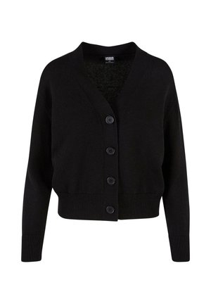 Schwarze Strickjacke mit V-Ausschnitt, Knopfleiste vorne sowie gerippten Bündchen und Saum; verfügt über ein entspanntes, kurzes Design.