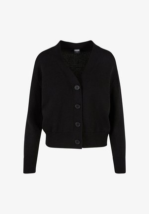 Schwarze Strickjacke mit V-Ausschnitt, Knopfleiste vorne sowie gerippten Bündchen und Saum; verfügt über ein entspanntes, kurzes Design.