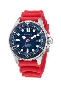 Nautica automata karóra kék számlappal, fehér órajelzőkkel, piros szilikon szíjjal, rozsdamentes acél kerettel és 200 méterig vízállósággal.