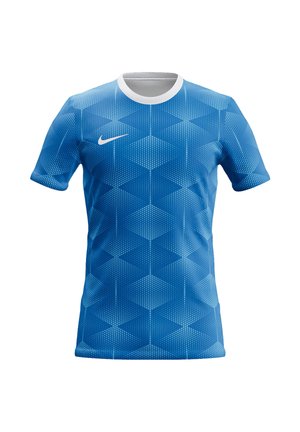 Maglietta sportiva blu a maniche corte con logo bianco Nike Swoosh sul petto e motivo geometrico a puntini, colletto rotondo bianco.