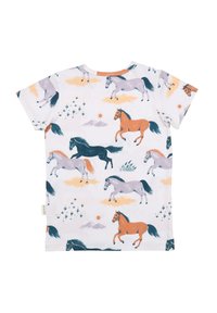 White short-sleeve t-shirt featuring a colorful horse print, with gray, orange, and black horses against a backdrop of nature scenes and clouds.