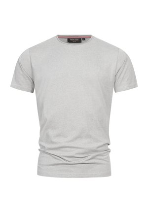 T-shirt gris à manches courtes en coton, avec un col rond et une texture subtile. Le logo de la marque est situé près de la poitrine.