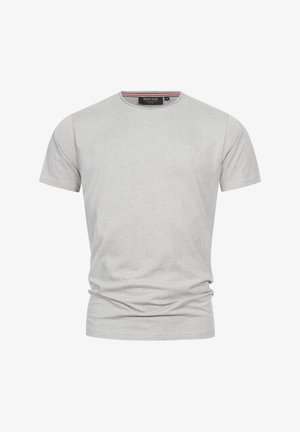 T-shirt gris à manches courtes en coton, avec un col rond et une texture subtile. Le logo de la marque est situé près de la poitrine.