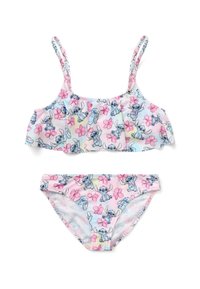 Zweiteiliges Mädchen-Badeanzug, bestehend aus einem rüschigen Oberteil und einem Bikini-Höschen. Hellblau und pink mit Blumen- und Comicfiguren-Motiven.