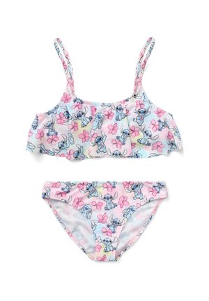 Zweiteiliges Mädchen-Badeanzug, bestehend aus einem rüschigen Oberteil und einem Bikini-Höschen. Hellblau und pink mit Blumen- und Comicfiguren-Motiven.