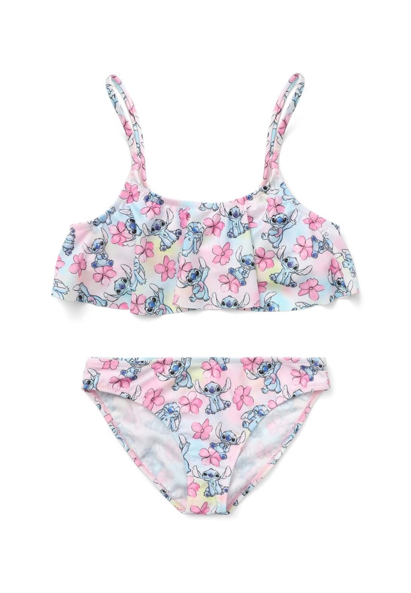 Zweiteiliges Mädchen-Badeanzug, bestehend aus einem rüschigen Oberteil und einem Bikini-Höschen. Hellblau und pink mit Blumen- und Comicfiguren-Motiven.